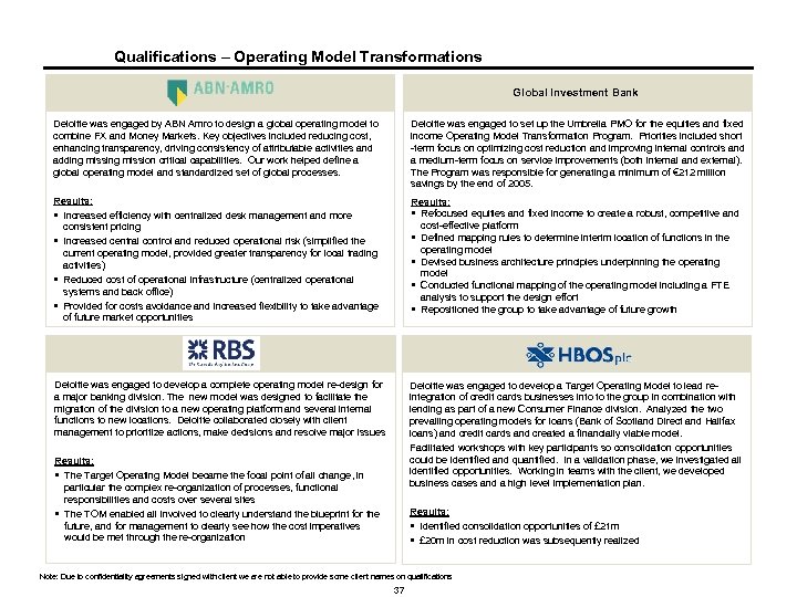 Qualifications – Operating Model Transformations Global Investment Bank Deloitte was engaged by ABN Amro