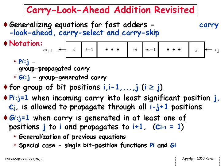 Carry-Look-Ahead Addition Revisited ¨Generalizing equations for fast adders - -look-ahead, carry-select and carry-skip ¨Notation: