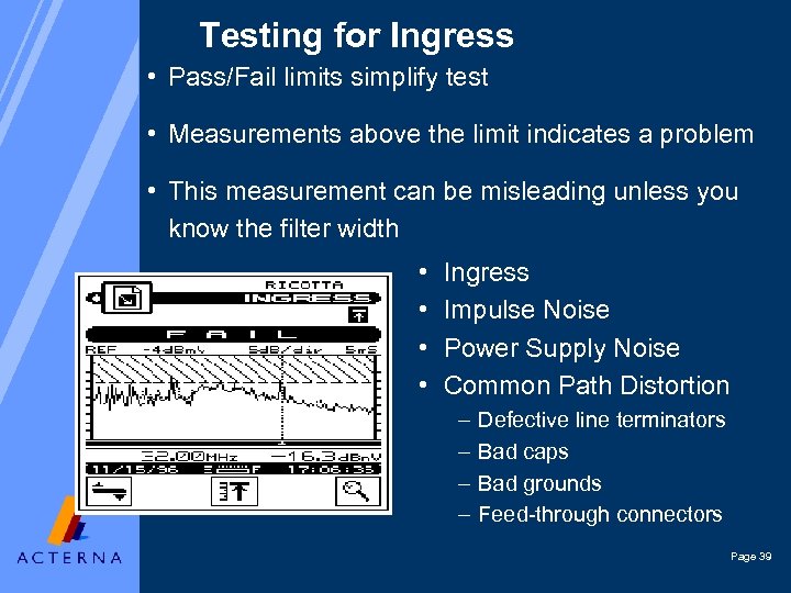 Testing for Ingress • Pass/Fail limits simplify test • Measurements above the limit indicates