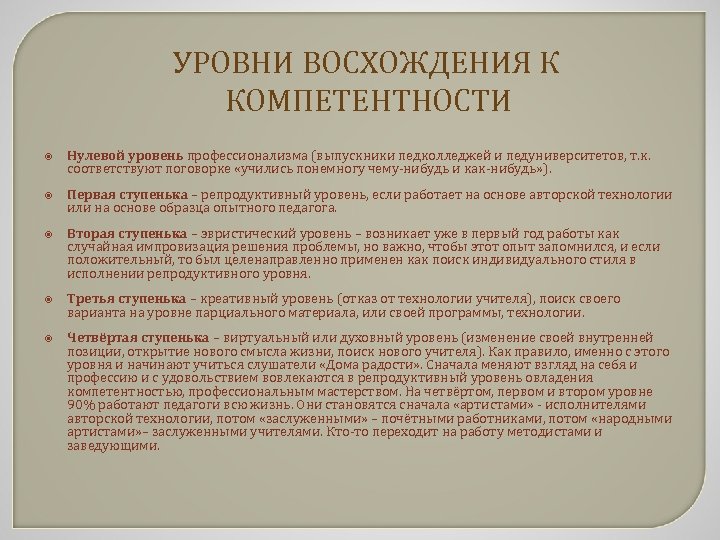УРОВНИ ВОСХОЖДЕНИЯ К КОМПЕТЕНТНОСТИ Нулевой уровень профессионализма (выпускники педколледжей и педуниверситетов, т. к. соответствуют