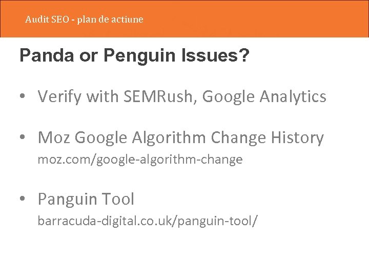 Audit SEO - plan de actiune Panda or Penguin Issues? • Verify with SEMRush,