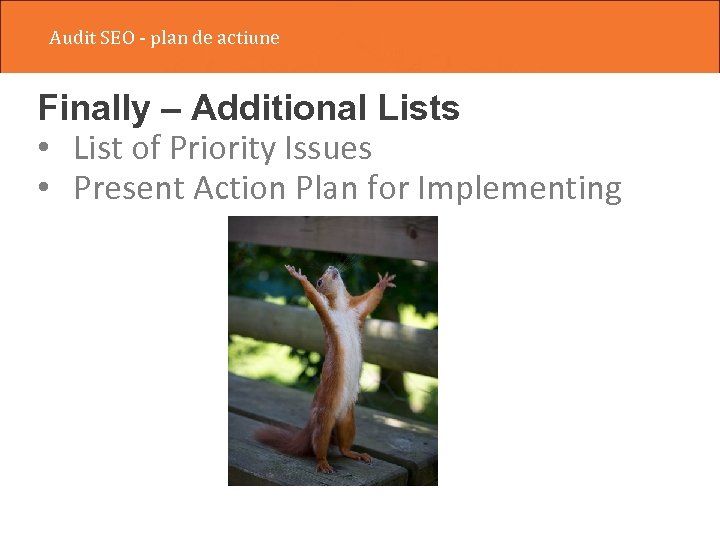 Audit SEO - plan de actiune Finally – Additional Lists • List of Priority