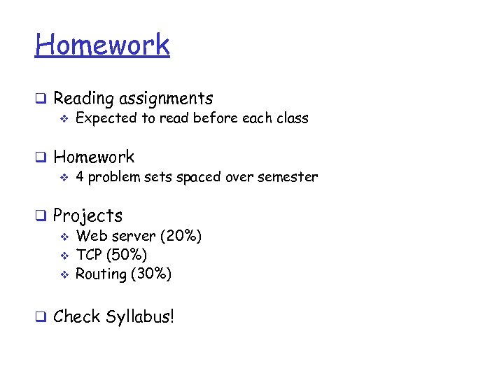 Homework q Reading assignments v Expected to read before each class q Homework v