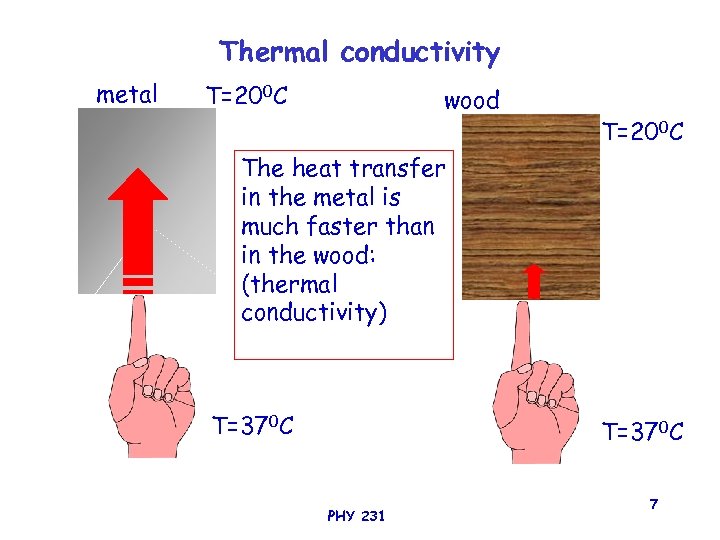 Thermal conductivity metal T=200 C wood T=200 C The heat transfer in the metal