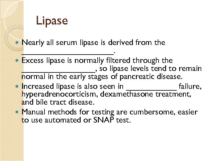 Lipase Nearly all serum lipase is derived from the __________. Excess lipase is normally