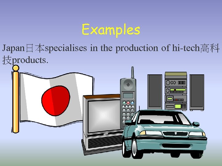 Examples Japan日本specialises in the production of hi-tech高科 技products. 14 