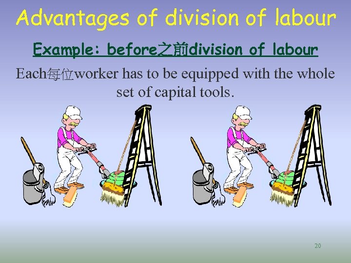 Advantages of division of labour Example: before之前division of labour Each每位worker has to be equipped