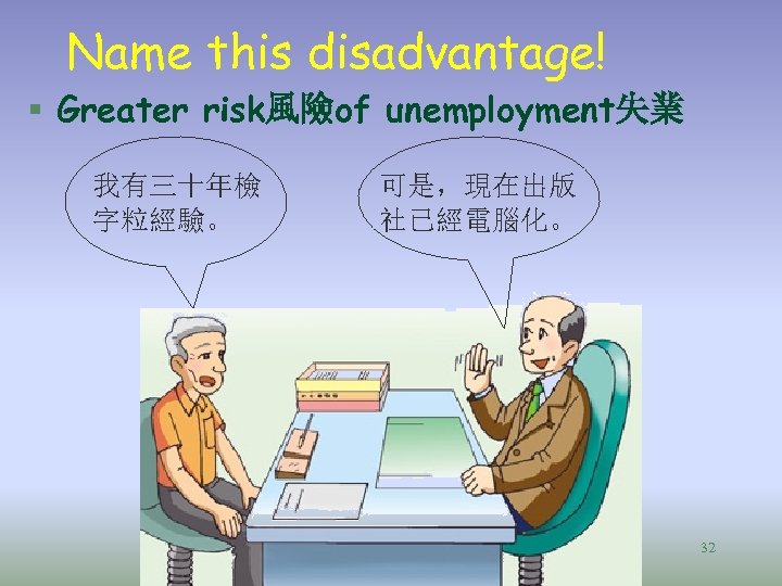 Name this disadvantage! § Greater risk風險of unemployment失業 我有三十年檢 字粒經驗。 可是，現在出版 社已經電腦化。 32 