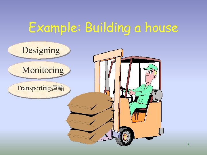 Example: Building a house Designing Monitoring Transporting運輸 8 