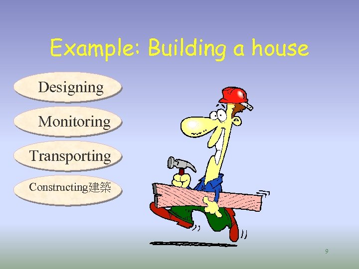 Example: Building a house Designing Monitoring Transporting Constructing建築 9 