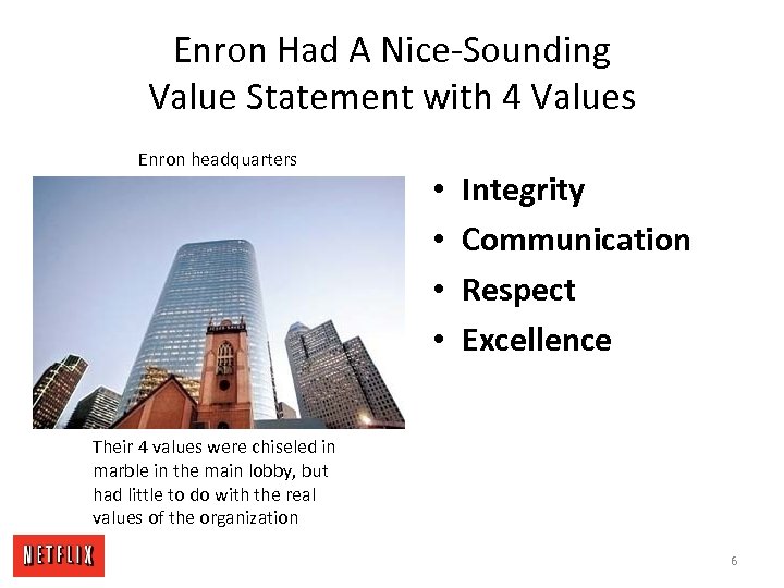 Enron Had A Nice-Sounding Value Statement with 4 Values Enron headquarters • • Integrity