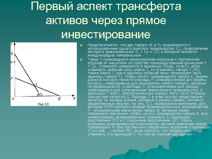 Первый аспект трансферта активов через прямое инвестирование u u Предполагается, что два товара (X