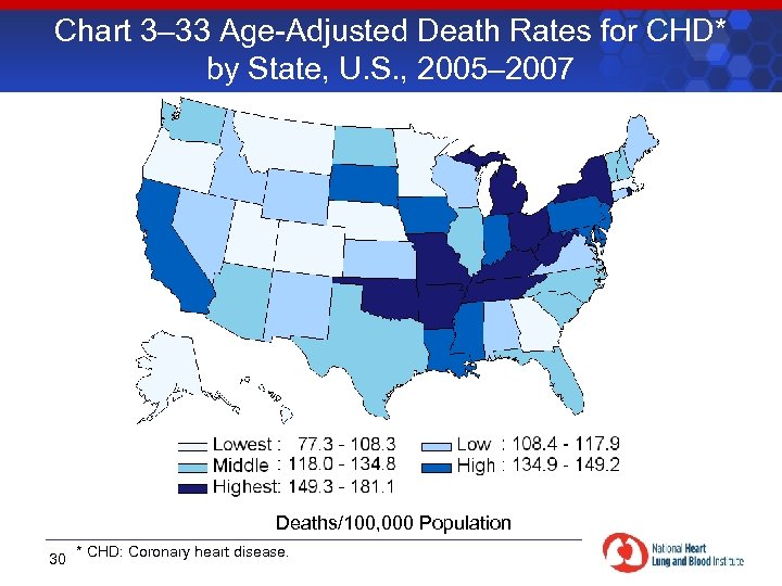 Chart 3– 33 Age-Adjusted Death Rates for CHD* by State, U. S. , 2005–