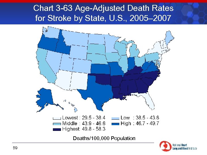 Chart 3 -63 Age-Adjusted Death Rates for Stroke by State, U. S. , 2005–