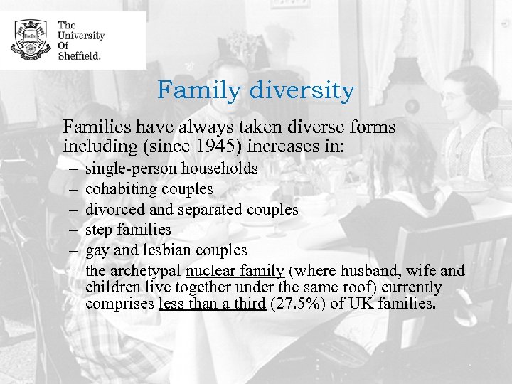 Family diversity Families have always taken diverse forms including (since 1945) increases in: –