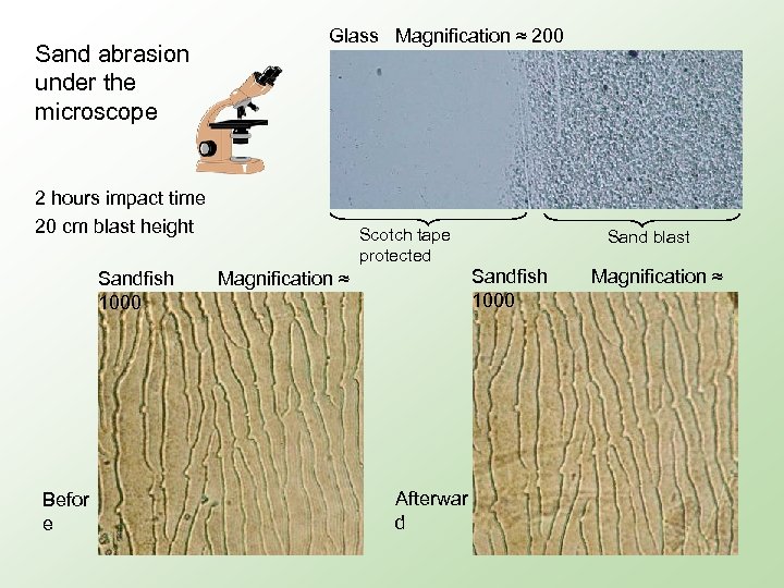 Sand abrasion under the microscope Glass Magnification ≈ 200 2 hours impact time 20