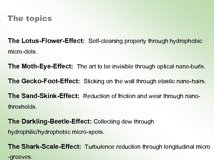 The topics The Lotus-Flower-Effect: Self-cleaning property through hydrophobic micro-dots. The Moth-Eye-Effect: The art to