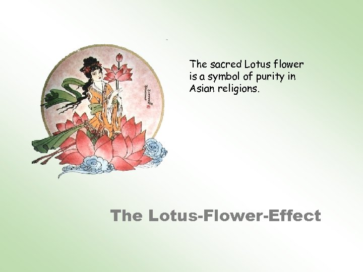 The sacred Lotus flower is a symbol of purity in Asian religions. The Lotus-Flower-Effect