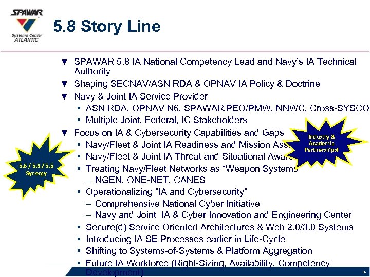 5. 8 Story Line ▼ SPAWAR 5. 8 IA National Competency Lead and Navy’s
