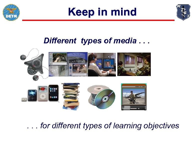 Keep in mind Different types of media. . . for different types of learning