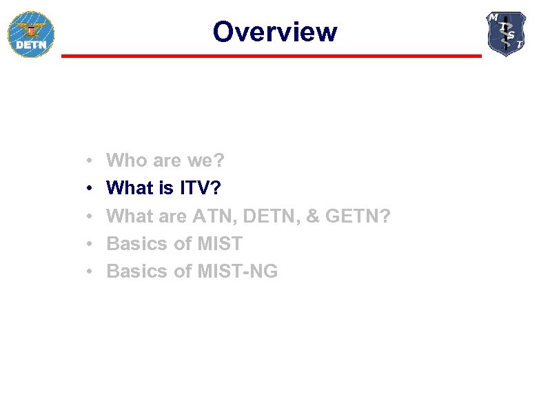 Overview • • • Who are we? What is ITV? What are ATN, DETN,