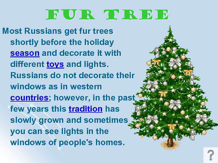 Fur Tree Most Russians get fur trees shortly before the holiday season and decorate