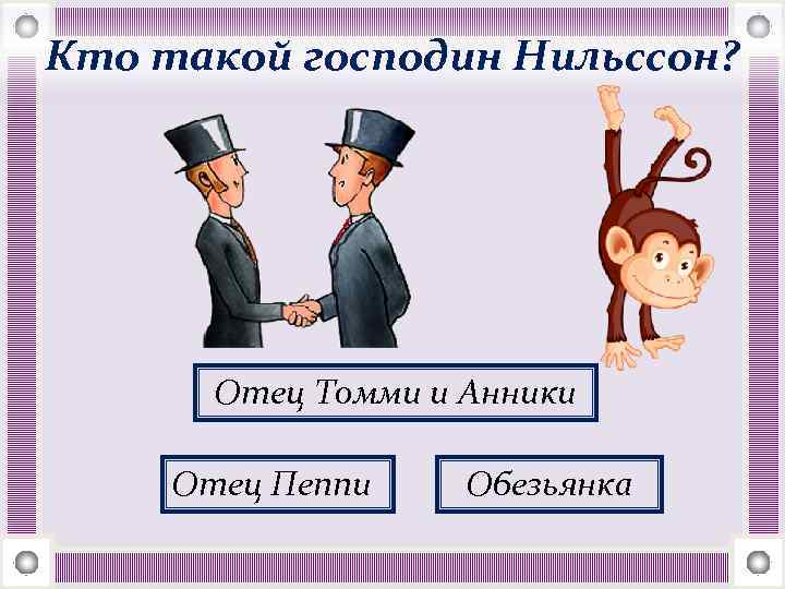 Кто такой господин Нильссон? Отец Томми и Анники Отец Пеппи Обезьянка 