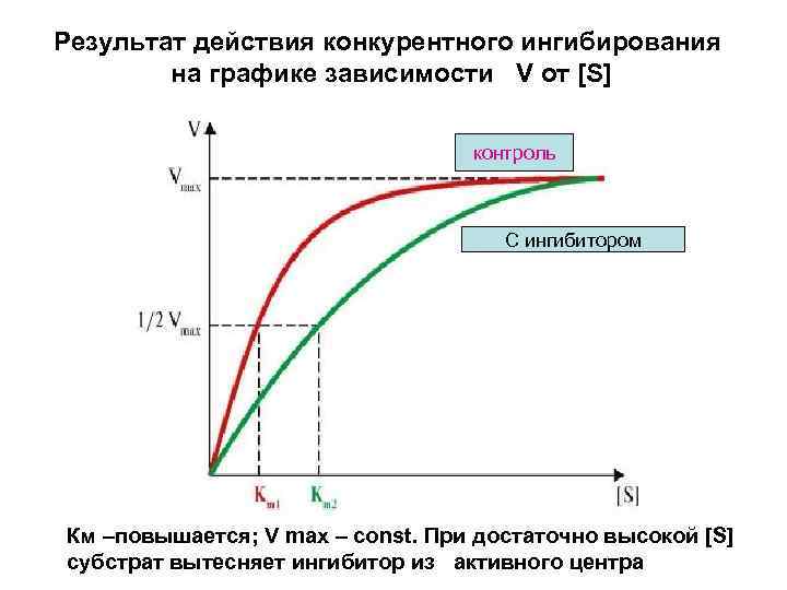 Результат действия конкурентного ингибирования на графике зависимости V от [S] контроль С ингибитором Км
