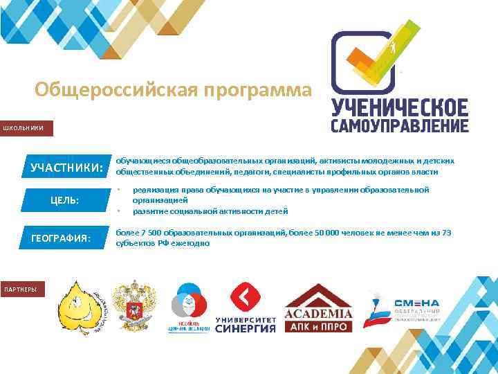 Общероссийская программа ШКОЛЬНИКИ УЧАСТНИКИ: ЦЕЛЬ: ГЕОГРАФИЯ: ПАРТНЕРЫ обучающиеся общеобразовательных организаций, активисты молодежных и детских