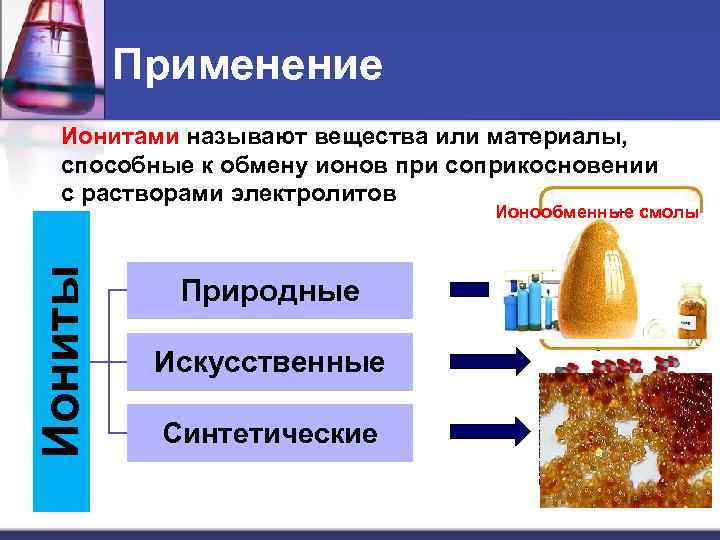 Применение Ионитами называют вещества или материалы, способные к обмену ионов при соприкосновении с растворами