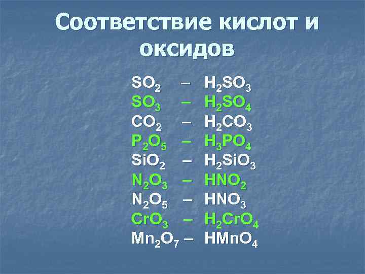 Соответствие кислот и оксидов SO 2 – SO 3 – CO 2 – P