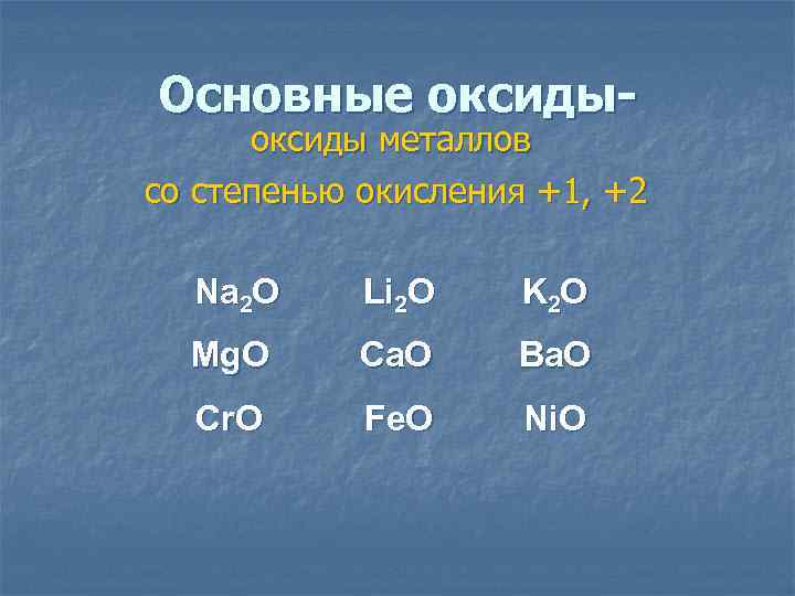 Основные оксиды- оксиды металлов со степенью окисления +1, +2 Na 2 O Li 2