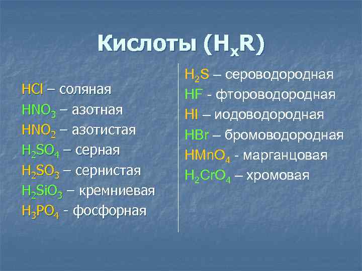Кислоты (Нх. R) HCl – соляная HNO 3 – азотная HNO 2 – азотистая