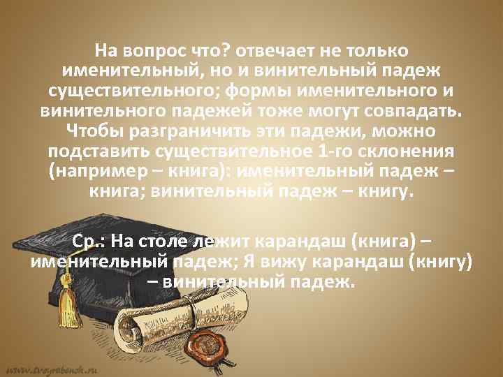 На вопрос что? отвечает не только именительный, но и винительный падеж существительного; формы именительного