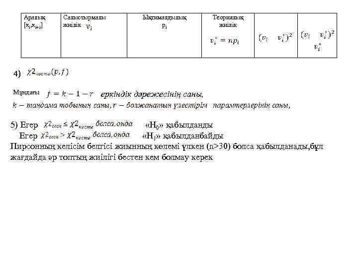  Аралық [хi, хi+1] Салыстырмалы жиілік Ықтималдылық рi Теориялық жиілік 4) Мұндағы еркіндік дәрежесінің
