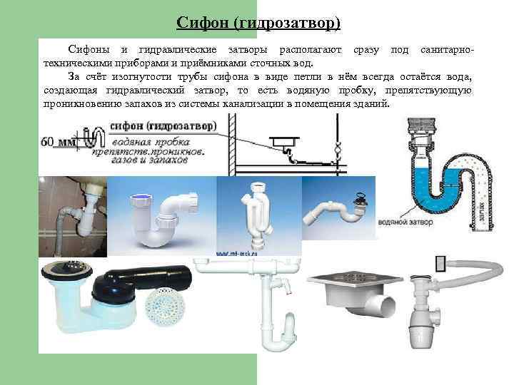 Сифон (гидрозатвор) Сифоны и гидравлические затворы располагают сразу под санитарнотехническими приборами и приёмниками сточных