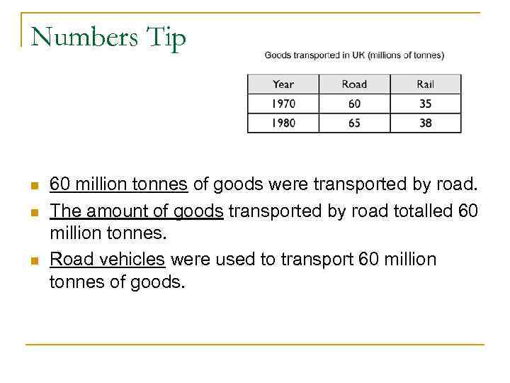 Numbers Tip n n n 60 million tonnes of goods were transported by road.