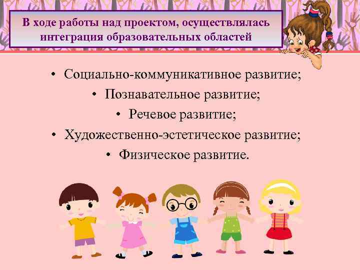 В ходе работы над проектом, осуществлялась интеграция образовательных областей • Социально-коммуникативное развитие; • Познавательное