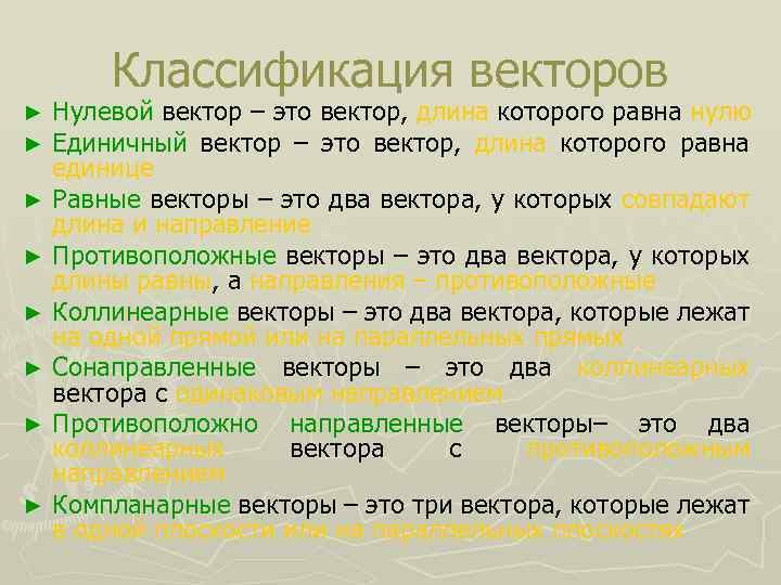 Классификация векторов Нулевой вектор – это вектор, длина которого равна нулю Единичный вектор –