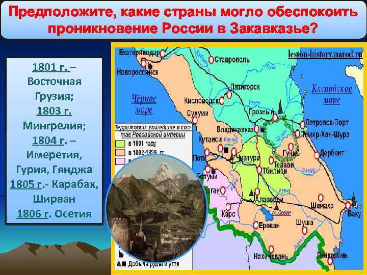 Предположите, какие страны могло обеспокоить Россия России в Закавказье? проникновение на Кавказе 1801 г.