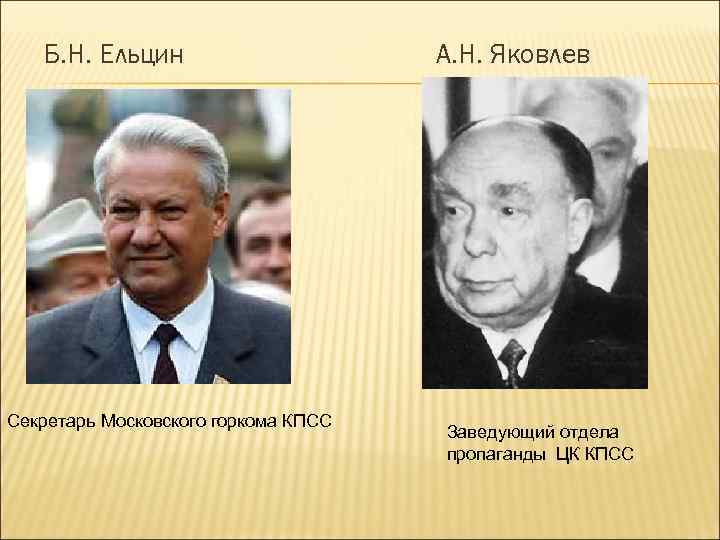 Б. Н. Ельцин Секретарь Московского горкома КПСС А. Н. Яковлев Заведующий отдела пропаганды ЦК