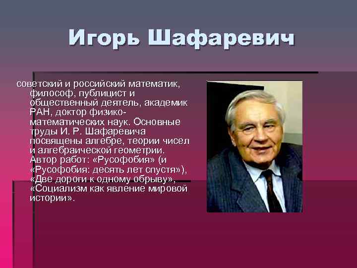 Игорь Шафаревич советский и российский математик, философ, публицист и общественный деятель, академик РАН, доктор