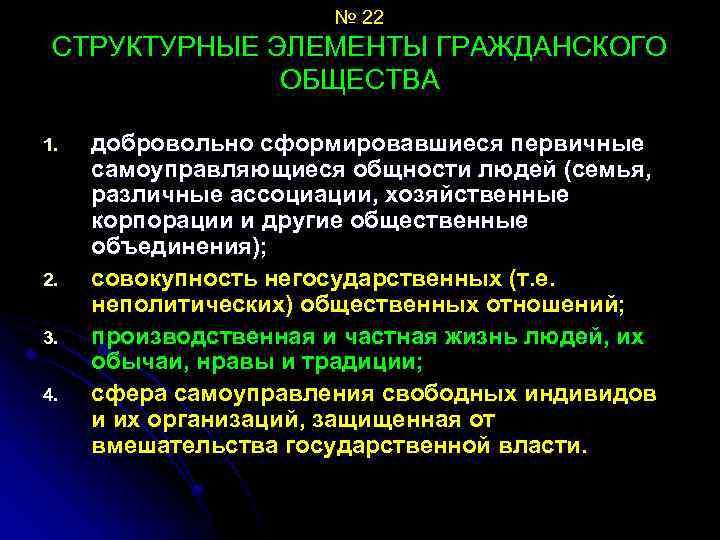 № 22 СТРУКТУРНЫЕ ЭЛЕМЕНТЫ ГРАЖДАНСКОГО ОБЩЕСТВА 1. 2. 3. 4. добровольно сформировавшиеся первичные самоуправляющиеся