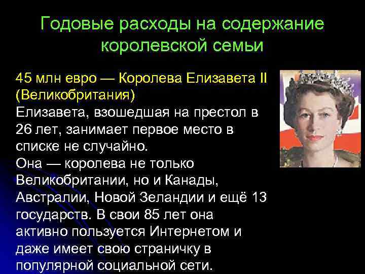 Годовые расходы на содержание королевской семьи 45 млн евро — Королева Елизавета II (Великобритания)