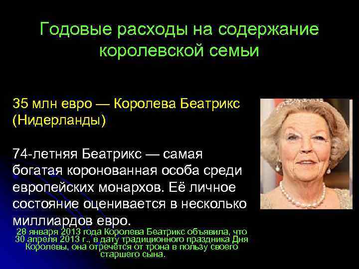 Годовые расходы на содержание королевской семьи 35 млн евро — Королева Беатрикс (Нидерланды) 74