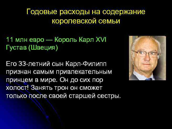 Годовые расходы на содержание королевской семьи 11 млн евро — Король Карл XVI Густав