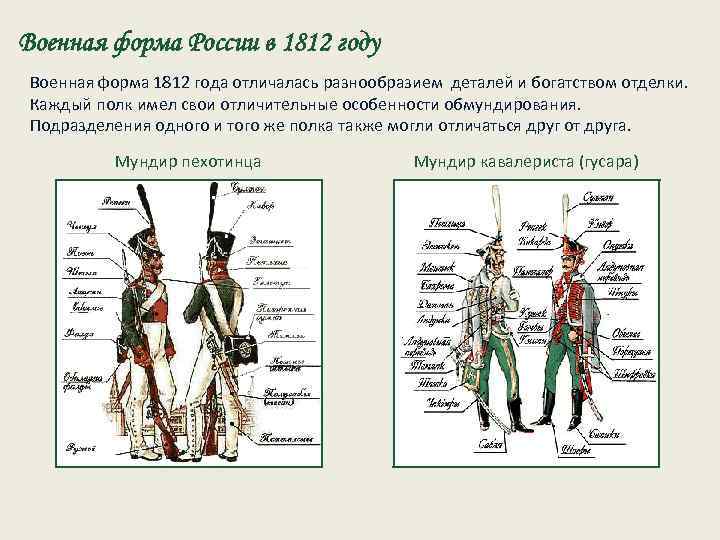 Военная форма России в 1812 году Военная форма 1812 года отличалась разнообразием деталей и