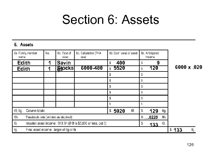 Section 6: Assets Edith 1 1 Savin Stocks gs 6000 -480 400 5520 9