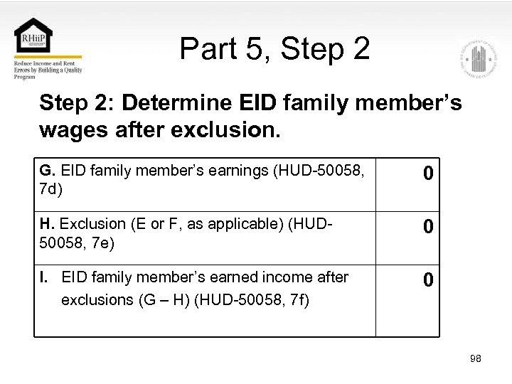 Part 5, Step 2: Determine EID family member’s wages after exclusion. G. EID family