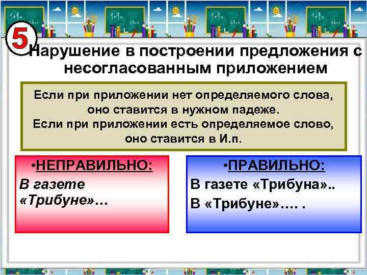 Нарушение в построении предложения с несогласованным приложением Если приложении нет определяемого слова, оно ставится